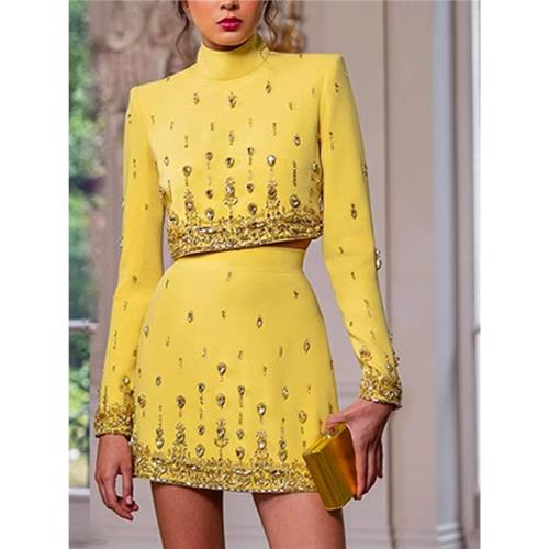 2025歐美名媛氣質時尚春夏新款重工釘珠鑲鉆短款上衣半裙兩件套裝