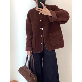 韓版圓領羊羔毛外套女2024秋冬新款寬松顯瘦皮毛一體加厚保暖上衣