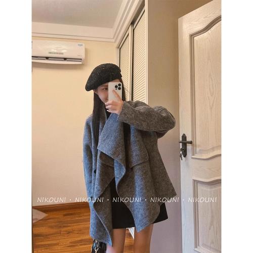 雙面羊絨大衣女秋冬2026年新款韓系高級感小個子灰色斗篷毛呢外套