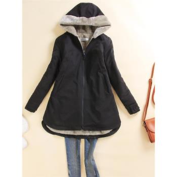 加絨棉衣女中長款冬季寬松加厚連帽大碼黑色棉服棉襖外套派克服