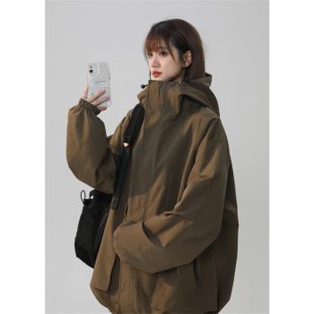 森馬旗下minette沖鋒衣女連帽春秋寬松連帽設計感防水夾克外套潮