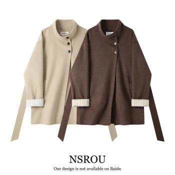 NSROU韓系立領高級感超好看斗篷大衣女秋冬雙面羊毛呢子百搭外套