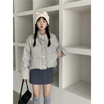 Fenni 2024冬季新韓版小個子羽絨服女短款立領格紋加厚保暖外套潮
