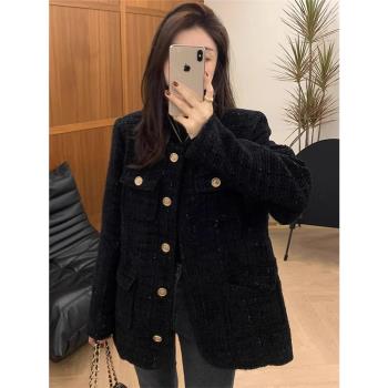 高階感黑色小香風外套女2024新款秋冬法式氣質夾棉加厚中長款上衣