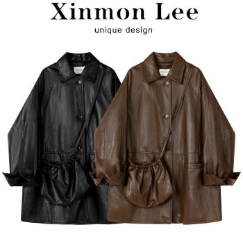 XinmonLee美式復古棕色高階感皮衣秋冬氣質顯瘦寬松中長款機車服