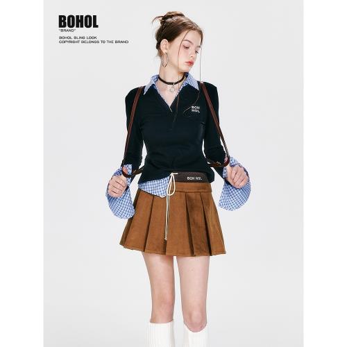 BOHOLBLING 薄荷不涼miu系知識分子風V領T恤格子拼接POLO衫