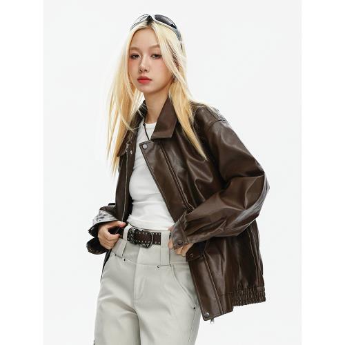 CATTEE 美式復古休閑皮衣外套女情侶寬松PU皮機車服夾克翻領外套|皮衣|ETMall東森購物網