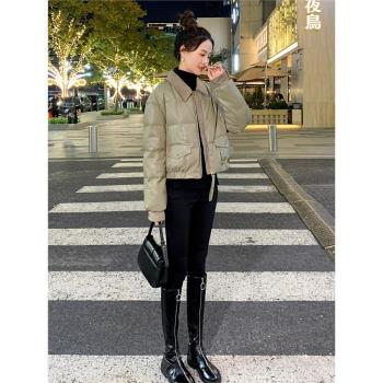 短款pu皮羽絨服女小個子2023冬季新款燈芯絨翻領麵包服白鴨絨外套