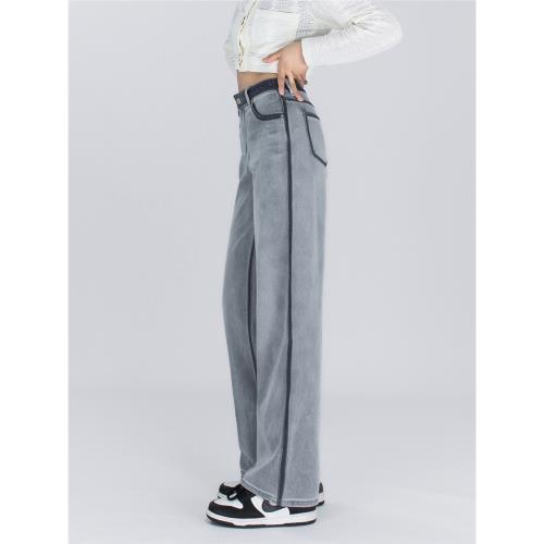 SUSU煙灰色四面彈窄直筒牛仔褲高腰側拼接顯瘦顯高寬松大碼長褲子