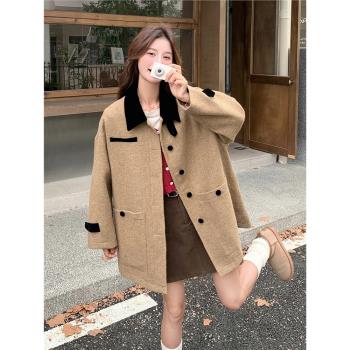 卡其色毛呢外套女冬2024新款韓版設計感小個子減齡中長款呢子大衣