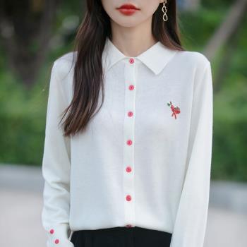 2024秋季新款POLO領純羊毛針織開衫女休閑襯衫領長袖毛衣外套白色