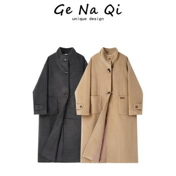 GeNaQi高階感時尚立領毛呢外套女秋冬新款洋氣牛角扣雙面呢子大衣