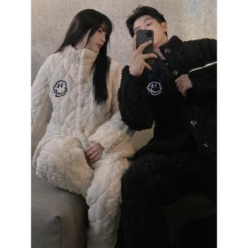 情侶睡衣女冬季三層夾棉加厚加絨保暖珊瑚絨男士簡約款家居服套裝