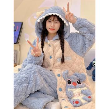 秋冬季珊瑚絨睡衣女三層夾棉加絨加厚保暖套裝長袍款法蘭絨家居服