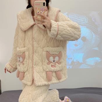 秋冬季睡衣女珊瑚絨加絨加厚款卡通保暖三層夾棉法蘭絨家居服套裝