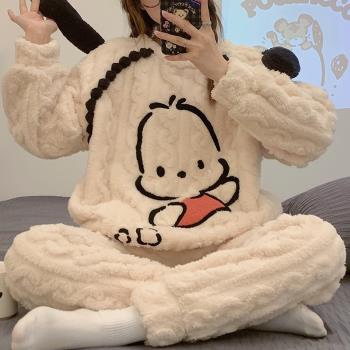 珊瑚絨睡衣女秋冬季法蘭絨加厚加絨翻領可愛卡通可外穿冬天家居服