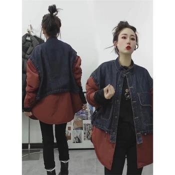 牛仔拼接假兩件棉衣外套女2024年秋冬新款寬松大版顯瘦中長款棉服