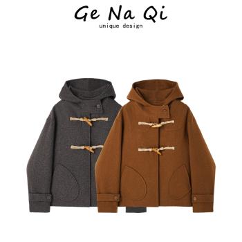 GeNaQi時尚百搭連帽短款呢子上衣女秋冬新款高階感牛角扣毛呢外套