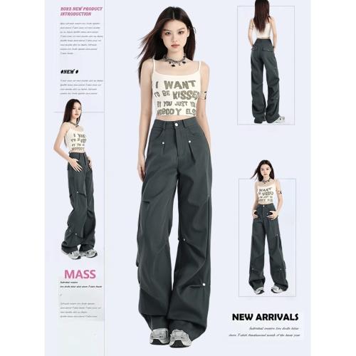 美式vibe風工裝褲女夏季薄款高街灰色設計感柳釘寬松闊腿休閑褲子