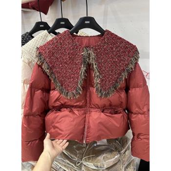 歐貨冬季新款海軍風收腰娃娃領流蘇小香風羽絨服女流行麵包服外套