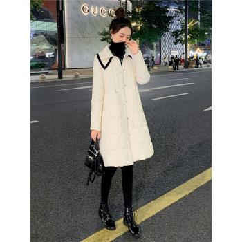 輕薄羽絨服女中長款2023冬季新款抽繩收腰顯瘦雙層翻領白鴨絨外套