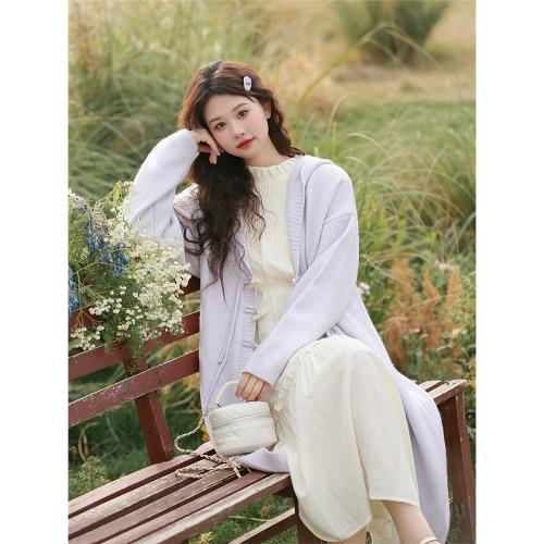 素色左岸中式國風盤扣連帽毛衣開衫外套女2025秋冬新款紫色針織衫