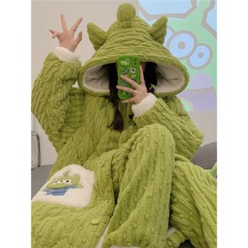 睡衣女款冬季大碼三層夾棉加厚加絨長袍珊瑚絨保暖家居服套裝冬天