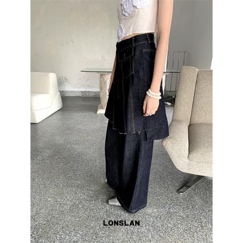 LONSLAN 2024春夏新款小眾設計做舊復古假兩件闊腿口袋牛仔褲裙女