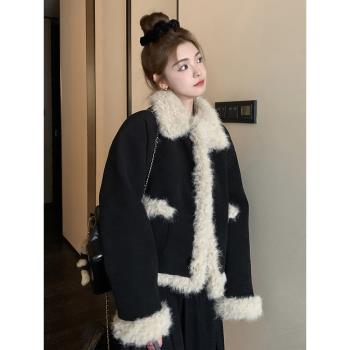 小香風黑色短款奶乖羊羔毛羽絨服