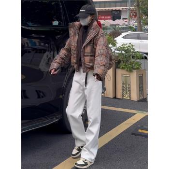 復古格紋短款女冬寬松羽絨棉服