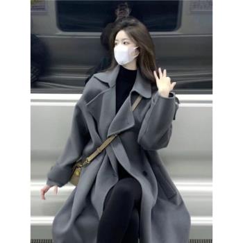 灰色加厚外套冬天英倫風毛呢大衣