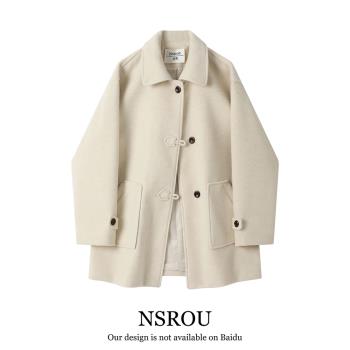 NSROU韓系白色短款雙面羊毛羊絨大衣女秋冬高階感超好看呢子外套