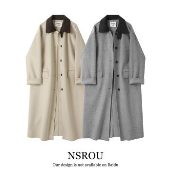 NSROU中長款氣質休閑羊毛呢子風衣外套女新款高階感韓系灰色大衣