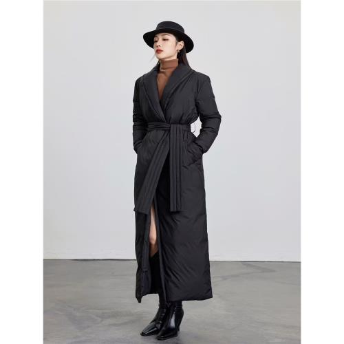 320g90白鴨絨 黑色系帶修身羽絨服女冬季2024新款長款大衣三觀