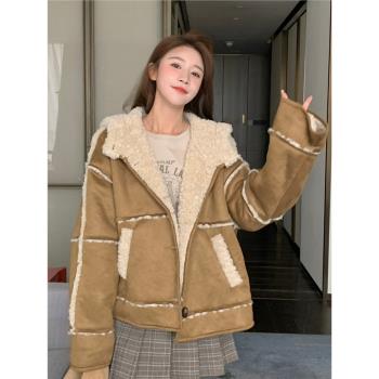 卡其色皮毛一體羊羔毛外套女2024冬季新款韓版小個子加厚連帽棉服