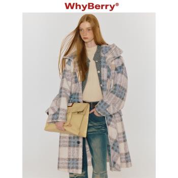WhyBerry 23AW“氣泡奶酥”粉色格紋大衣慵懶保暖中長款外套帶帽