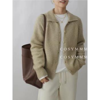 法式復古加厚翻領羊絨針織開衫女秋冬寬松氣質羊毛外套POLO領外搭