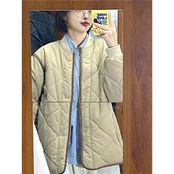 日系復古菱格羽絨棉衣棉服女2024年新款冬季超好看寬松夾棉襖外套