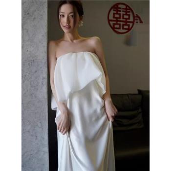 白色晨袍女新娘敬酒服輕婚紗日常可穿訂婚禮服海邊度假抹胸連衣裙