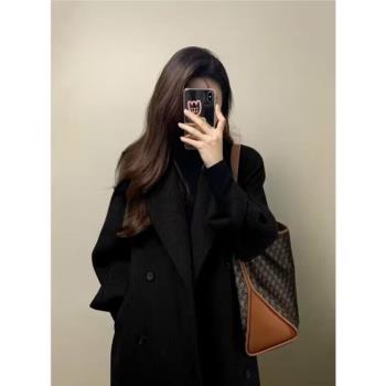 黑色雙面羊絨大衣女中長款冬季新款韓系高階小個子羽絨服內膽外套