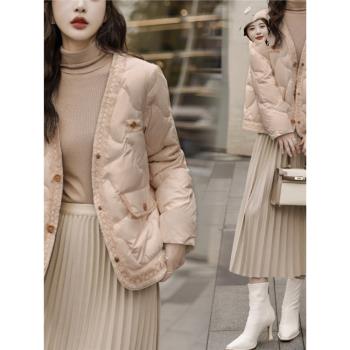 輕薄小香風無領羽絨服女短款2024冬季新款爆款小個子白鴨絨外套