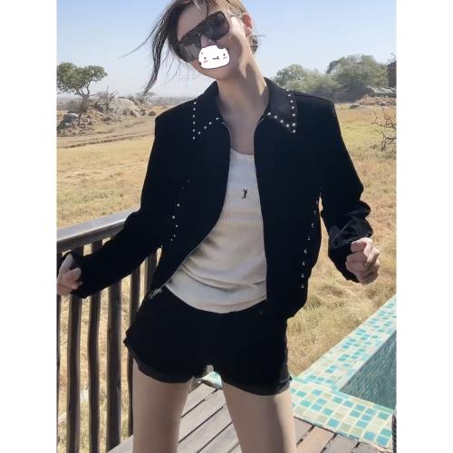 溫婉同款黑色絲絨外套女短款2025新款爆款高級感重工鉚釘夾克上衣