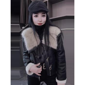 冬季新款皮毛一體短款外套女歐貨復古大毛領加絨加厚PU皮夾克上衣