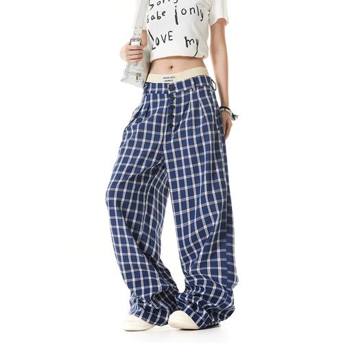 YOOTDS美式復古格子闊腿褲女露思同款寬松休閑慵懶風百搭長褲子潮