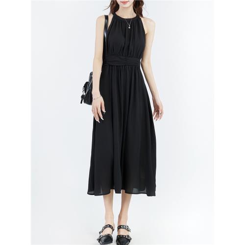 黑色無袖掛脖吊帶連衣裙女夏季雪紡小黑裙設計感收腰顯瘦a字長裙