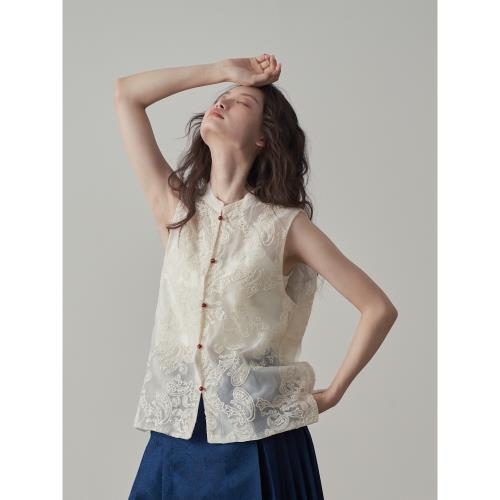 新中式國風馬甲刺繡半透明珠扣背心女設計感小眾別致無袖上衣夏