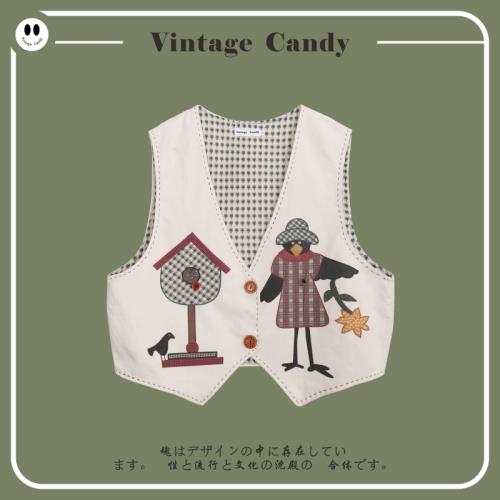 【現貨】馬甲女2025年夏季新款烏鴉印花百搭復古重工花邊馬夾上衣