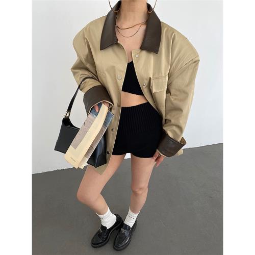 AcupStudio江右上 卡其色拼皮風衣女春季英倫風寬松中長款外套