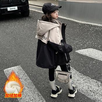 女大童外套秋冬2024新款小女孩加絨沖鋒衣加厚初中生冬裝派克棉服