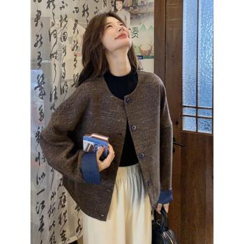 咖色高階感羊毛呢外套女2024秋冬法式小個子洋氣雙面羊絨上衣短款